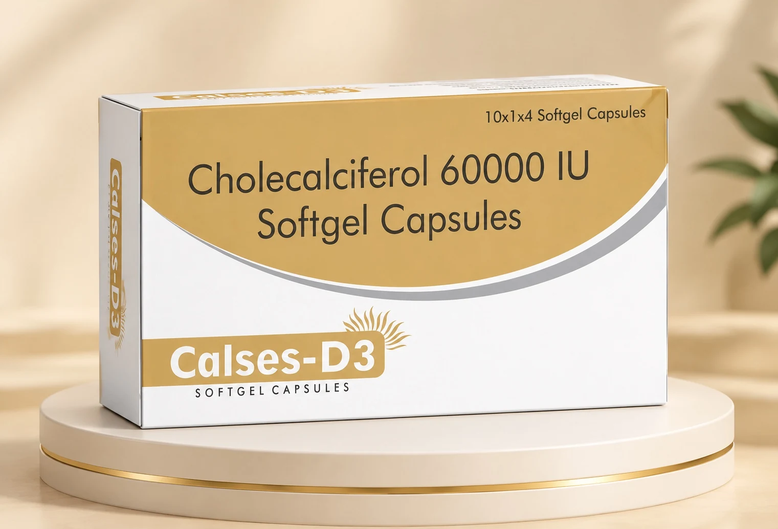 Calses-D3 cholecalciferol 60000 IU softgel capsules in white and gold packaging
